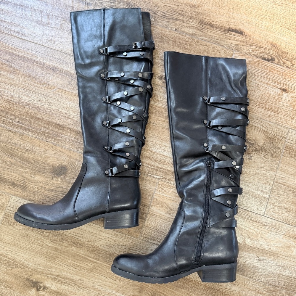 Sleek Black Over the Knee Boots with Strap Detailing
